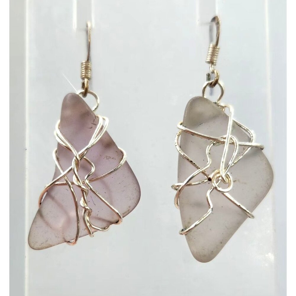Asymmetrical Sea Glass Dangle Earrings, Wire Wrapped